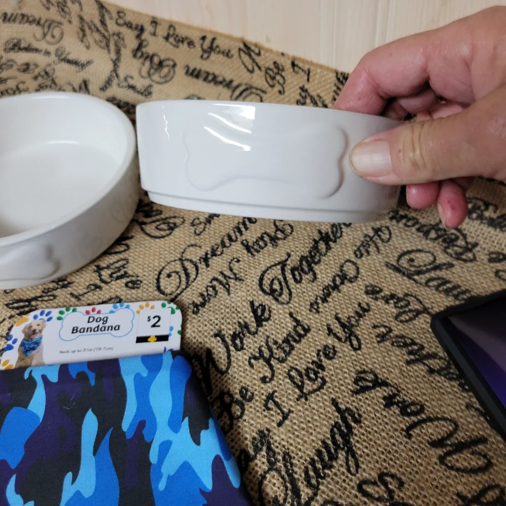 Pet tier table lot of 3 medium dog accessories 2 ceramic bowls and blue bandana